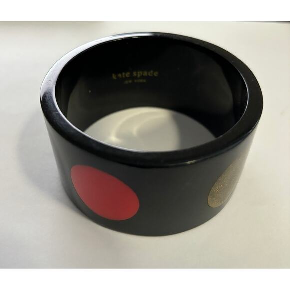 Kate Spade Plastic Bracelet Wide Bangle Cuff Large Polka Dots Black Red White - Picture 1 of 2